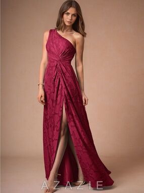 Azazie Hermosa Merlot One-Shoulder Floral Burnout Evening Dress